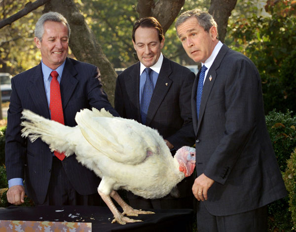 		&lt;p class=&quot;p1&quot;&gt;President George W. Bush reacts to a Turkey named &quot;Liberty&quot; at the annual turkey pardoning event at the White House, three days ahead of Thanksgiving, November 19, 2001. The fortunate bird will spend the rest of his days on a farm in Virgi