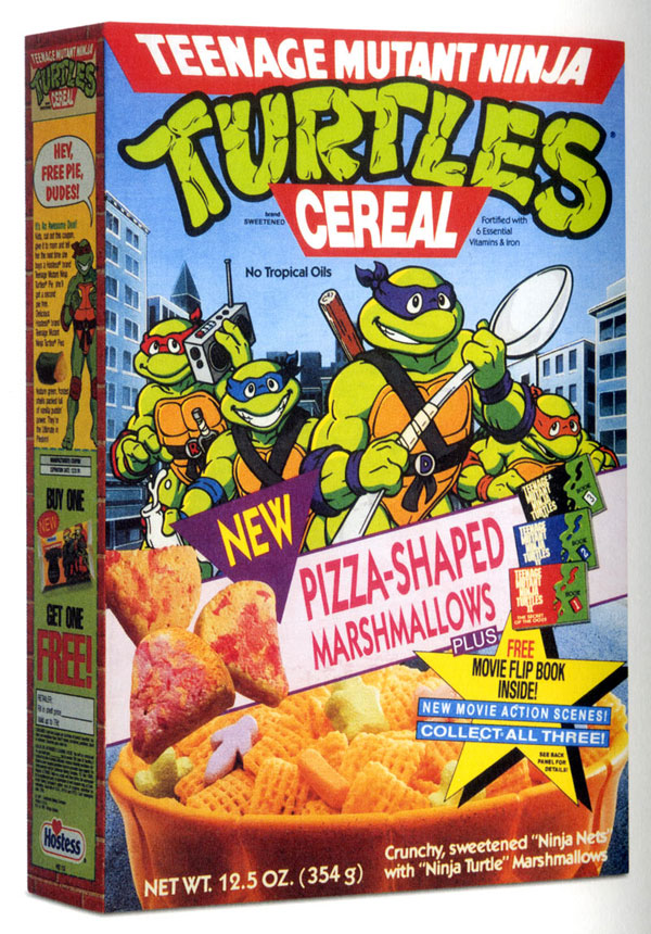 For awhile back in the '90s, the Turtles could do no wrong. When it was first introduced, this cereal was called "crunchy, sweetened 'ninja nets' with 'ninja turtle' marshmallows." The pizza-shaped marshmallows came along later. <br />