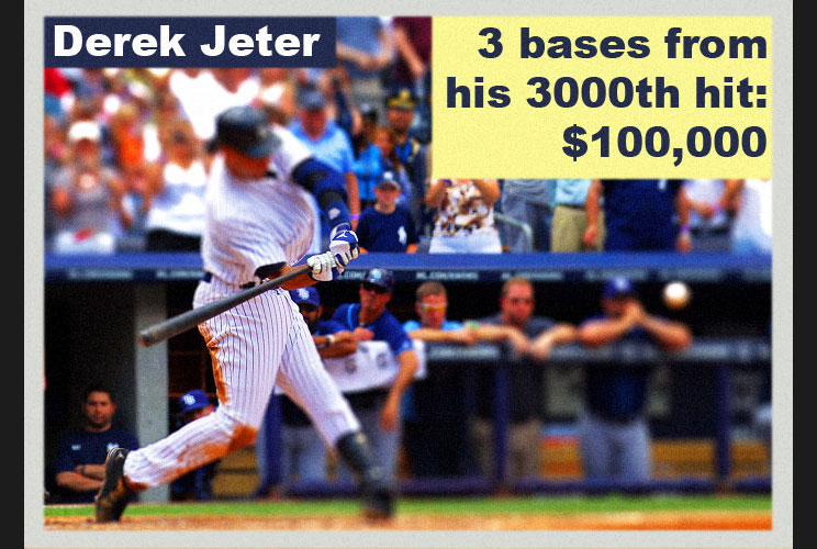 Steiner Sports sold the three bases that New York Yankees shortstop Derek Jeter touched during his 3,000th hit, as a set, for $100,000.