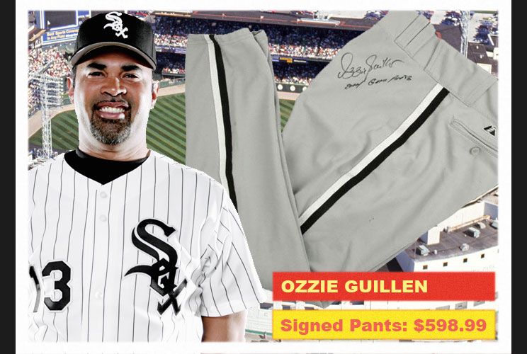The baseball pants of former Chicago White Sox manager Ozzie Guillen, with a &quot;2004 Game Worn&quot; inscription on them, are on sale at Pro Sports Memorabilia for $598.99.