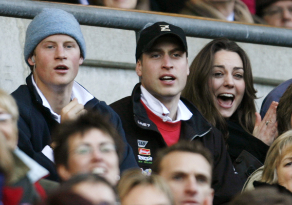 		<p>Prince Harry, Prince William, and then-girlfriend Kate Middleton react during the Six Nations international rugby union match between England and Italy at Twickenham in London February 10, 2007.</p>