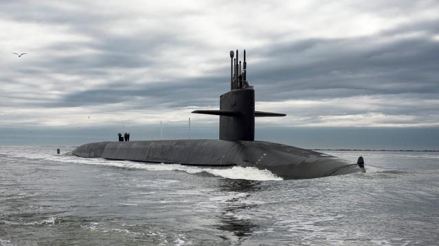 The Ohio-class ballistic missile submarine USS Tennessee returns to Naval Submarine Base Kings Bay, Georgia in this handout photo
