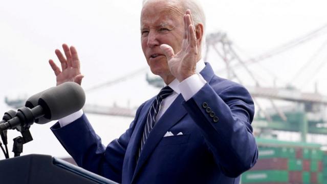 President Biden speaks during a visit to the Port of Los Angeles Friday.