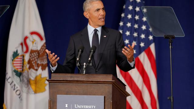 Former U.S. President Barack Obama speaks at the University of Illinois Urbana-Champaign