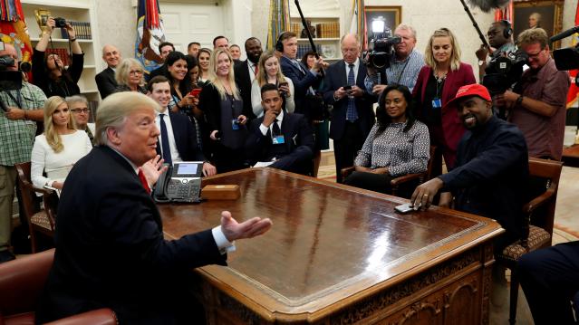 President Trump speaks during a meeting with rapper Kanye West in the Oval Office at the White House in Washington