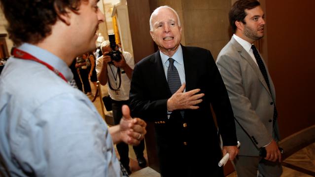 McCain arrives for a meeting of the Senate Republican caucus for an expected unveiling of Senate Republicans&#039; revamped proposal to replace Obamacare health care legislation at the U.S. Capitol in Washington