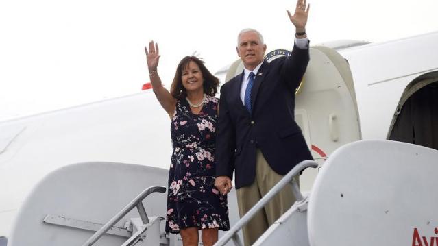 U.S. Vice President Mike Pence and wife Karen arrive in Cartagena, Colombia, August 13, 2017. Colombian Presidency/Handout via REUTERS 