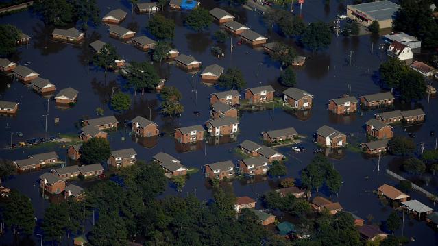An aerial view shows a neighborhood that was flooded after Hurricane Matthew in Lumberton, North Carolina