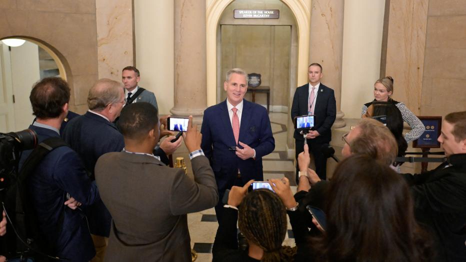 U.S. House Speaker Kevin McCarthy speaks with reporters on Capitol Hill in Washington,