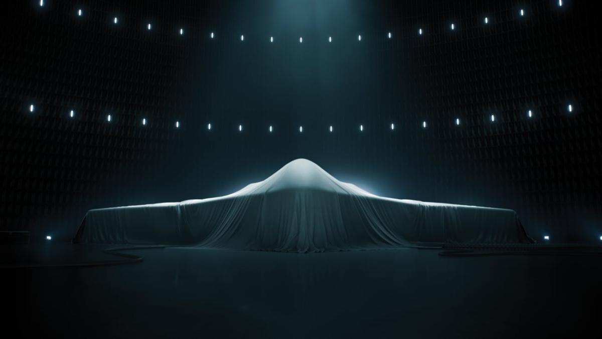 A shrouded B-21 bomber