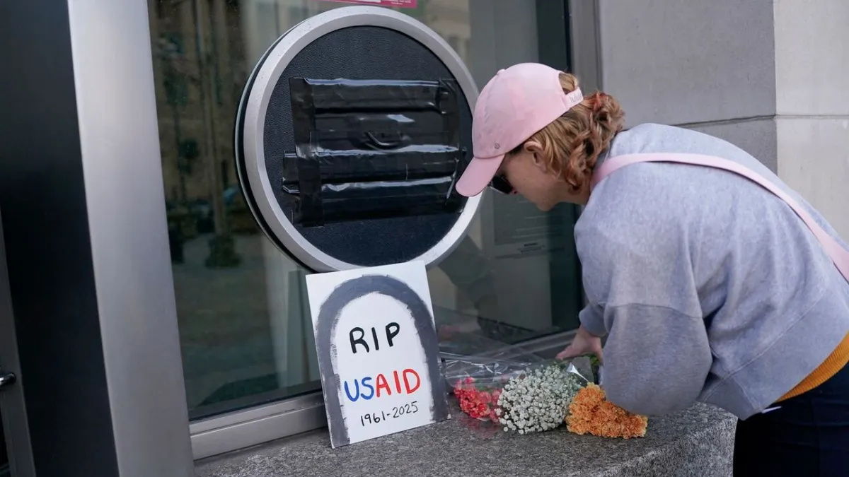 USAID signage was removed and covered at the agency's headquarters. USAID signage was removed and covered at the agency's headquarters.