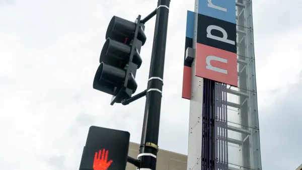The NPR logo at its Washngton, D.C., headquarters.