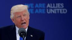 U.S. President Trump delivers remarks at the start of the NATO summit at their new headquarters in Brussels