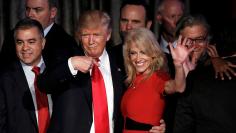 U.S. President-elect Donald Trump and his campaign manager Kellyanne Conway greet supporters during his election night rally in Manhattan