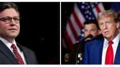 FILE PHOTO: Combination picture showing U.S. House of Representatives Speaker Mike Johnson (R-LA) and Republican presidential candidate and former U.S. President Trump