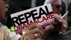 File photo of a demonstrator holding a pamphlet outside a "Defund Obamacare Tour" rally in Indianapolis
