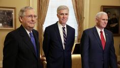 Supreme Court Nominee Judge Neil Gorsuch arrives for a meeting with Senate Majority Leader Mitch McConnell and U.S. Vice President Mike Pence on Capitol Hill in Washington.