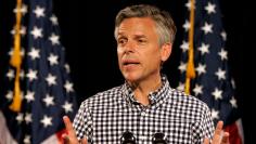Jon Huntsman speaks at a rally after announcing his candidacy for the Republican U.S. presidential 2012 campaign in Exeter