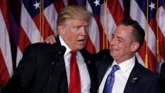 Donald Trump and Reince Priebus address supporters during his election night rally in New York