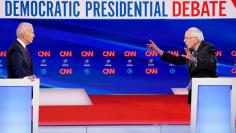 Democratic U.S. presidential candidates Senator Bernie Sanders and former Vice President Joe Biden at the 11th Democratic candidates debate of the 2020 U.S. presidential campaign in Washington