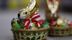 Easter baskets with easter chocolate bunnies and eggs are pictured at the Hauswirth confectioner factory in Kittsee, east of Vienna