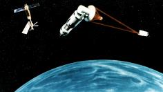 An artist's concept of a Space Laser Satellite Defense System.