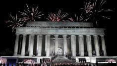Fireworks explode over the Lincoln Memorial after the "Make America Great Again! Welcome Celebration" concert at the National Mall in Washington