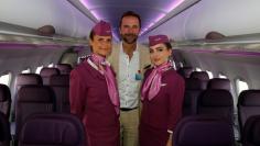 FILE PHOTO: Skuli Mogensen, CEO of WOW air, poses with cabin crew members during a delivery ceremony of his first Airbus A321neo, during the 52nd Paris Air Show at Le Bourget Airport near Paris, France June 21, 2017. REUTERS/Pascal Rossignol