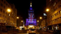 The Palace of Culture and Science is illuminated in Union Jack colours by Warsaw's capital authorities in support of Britain staying in the EU, in Warsaw