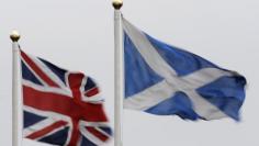 The Union flag and Saltire are seen flying side by side at Bankfoot in Perthshire ,Scotland