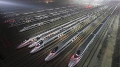 CRH380 Harmony bullet trains are seen at a high-speed train maintenance base in Wuhan