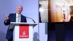 FILE PHOTO: Sir Tim Clark, President of Emirates Airlines, gestures during a news conference at the Dubai Air Show in Dubai, UAE, November 12, 2017. REUTERS/Satish Kumar 