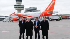 Andrew Findlay, Engelbert Luetke Daldrup, Thomas Haagensen and Rainer Bretschneider, are seen during an event of the British budget carrier EasyJet to present the first flight from airport Tegel in Berlin