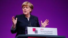 German Chancellor Merkel delivers a speech during the yearly DBB union meeting in Cologne