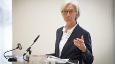 International Monetary Fund Managing Director Christine Lagarde speaks at a press conference to launch the publication of the 2017 Article IV assessment of the UK at the Treasury in central London