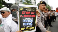 Muslim protesters rally outside the local Facebook office, angry over the social media giant's blocking of some sites, in Jakarta