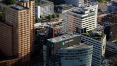 ABN AMRO bank is seen amongst other buildings in this aerial shot of the Zuidas area in Amsterdam