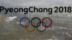 The PyeongChang 2018 Winter Olympic Games logo is seen at the the Alpensia Ski Jumping Centre in Pyeongchang