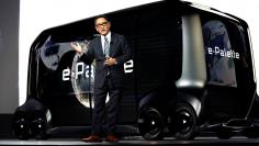 Akio Toyoda, president of Toyota Motor Corporation, announces the "e-Pallete", a new fully self-driving electric concept vehicle, Las Vegas