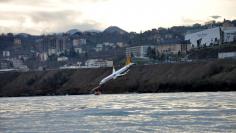 A Pegasus Airlines aircraft is pictured after it skidded off the runway at Trabzon airport by the Black Sea in Trabzon