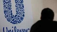 FILE PHOTO: The logo of the Unilever group is seen at the Miko factory in Saint-Dizier