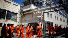 Inmates walk in at San Quentin state prison