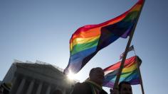 Supporters of gay marriage hold rainbow-colored flags as they rally in front of the Supreme Court in Washington March 27, 2013.    REUTERS/Joshua Roberts 
