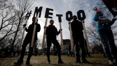 FILE PHOTO:    Demonstrators spell out "#METOO" during the local second annual Women's March in Cambridge