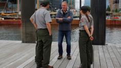 U.S. Interior Secretary Ryan Zinke (C) talks to National Park Service Rangers, while traveling for his National Monuments Review process, in Boston, Massachusetts, U.S., June 16, 2017. REUTERS/Brian Snyder