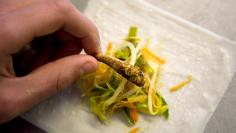 A student prepares a spring roll with roasted grasshoppers at the Rijn IJssel school for chefs in Wageningen January 12, 2011. The school believes that eating bugs can help better your health, cut global carbon emissions and slash your food budget. To att